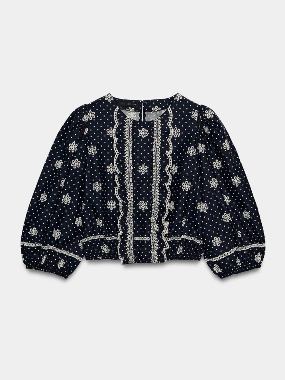 NWT Zara Women's Navy & White Embroidered Puff-Sleeve Blouse - Picture 4 of 8
